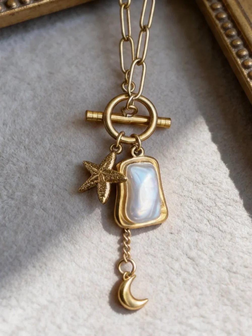 Gold Starfish Moon Charm Necklace Stainless Steel - Picture 2 of 13